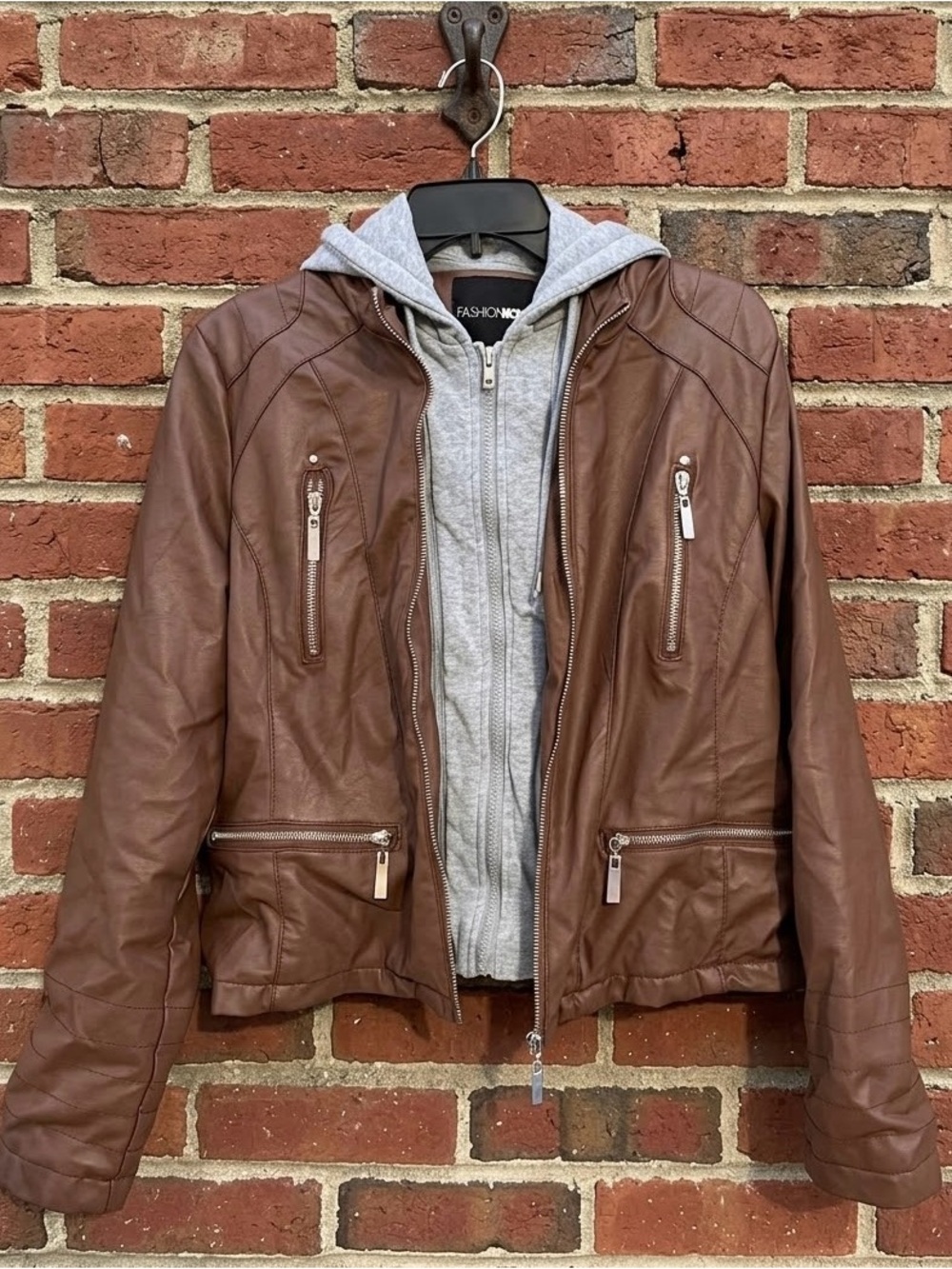 Fashion Nova Brown Faux Leather Moto/Bomber Jacket with Removable Hoodie